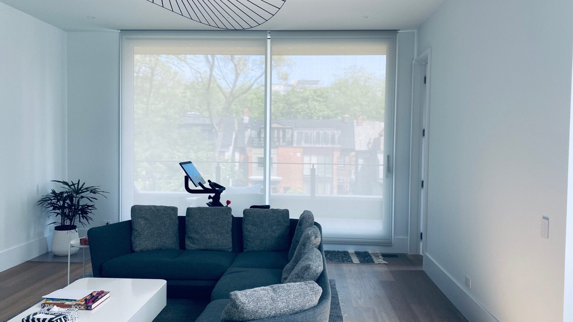 Modern living room with gray sectional sofa, exercise bike facing a large window, and potted plant. Soft lighting and serene atmosphere.