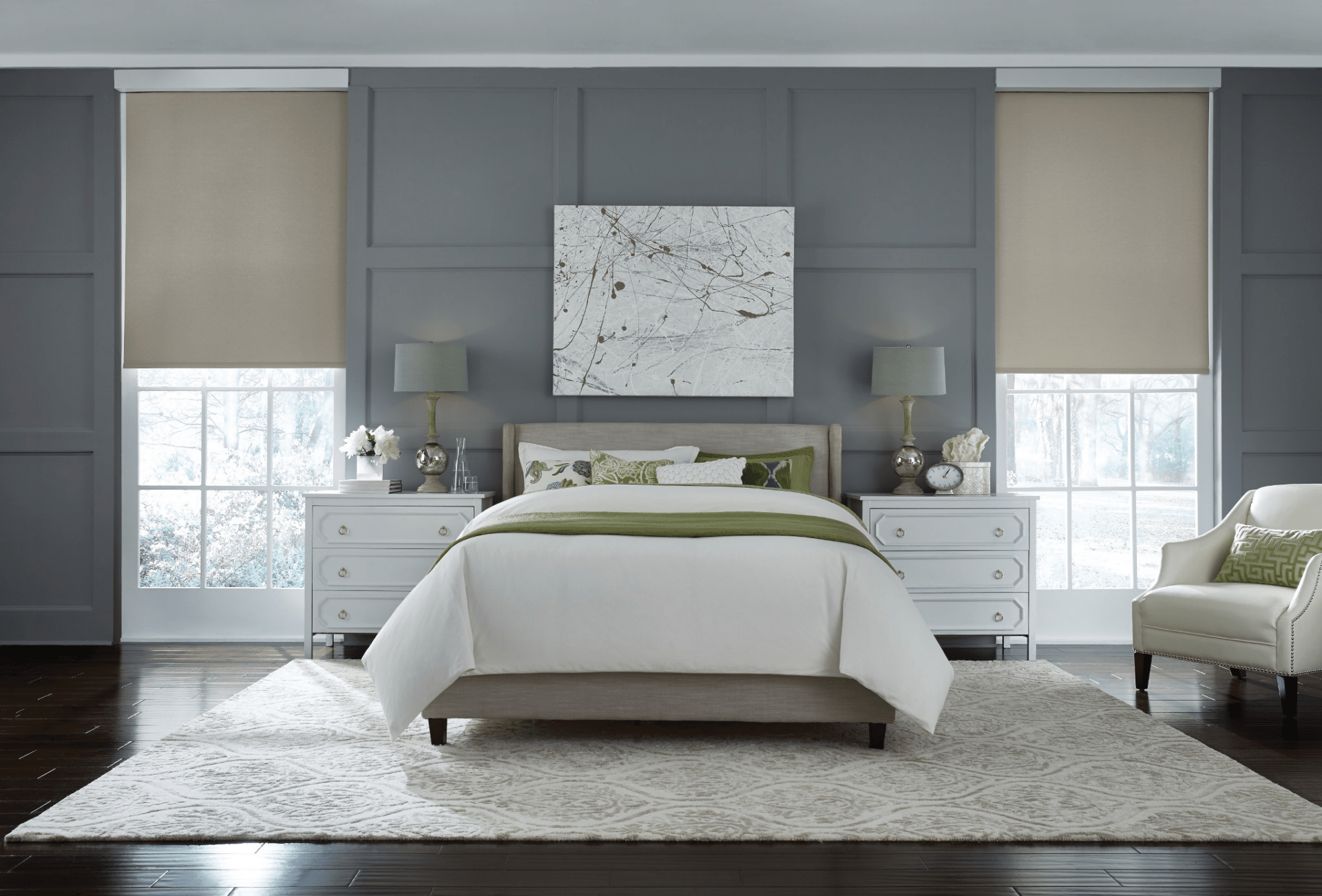 Neutral-toned bedroom with gray walls, a plush bed, modern nightstands, abstract artwork, and large windows. Minimalist, elegant design featuring soft textures.