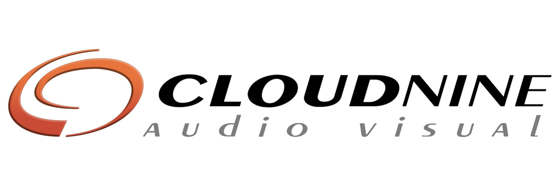 A black background with "Cloud Nine Audio Visual" written in stylized font beside an orange swirl logo. Minimalist and modern design.