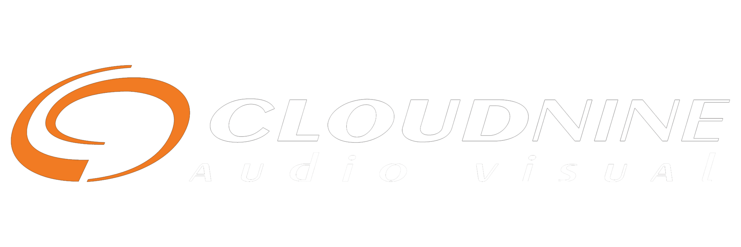 Cloudnine Audio Visual logo featuring a stylized orange swirl and white text on a black background, conveying a sleek, modern design aesthetic.