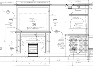 Architectural blueprint detailing a living room wall, featuring a fireplace, TV, shelving, and lighting fixtures with precise measurements and annotations.