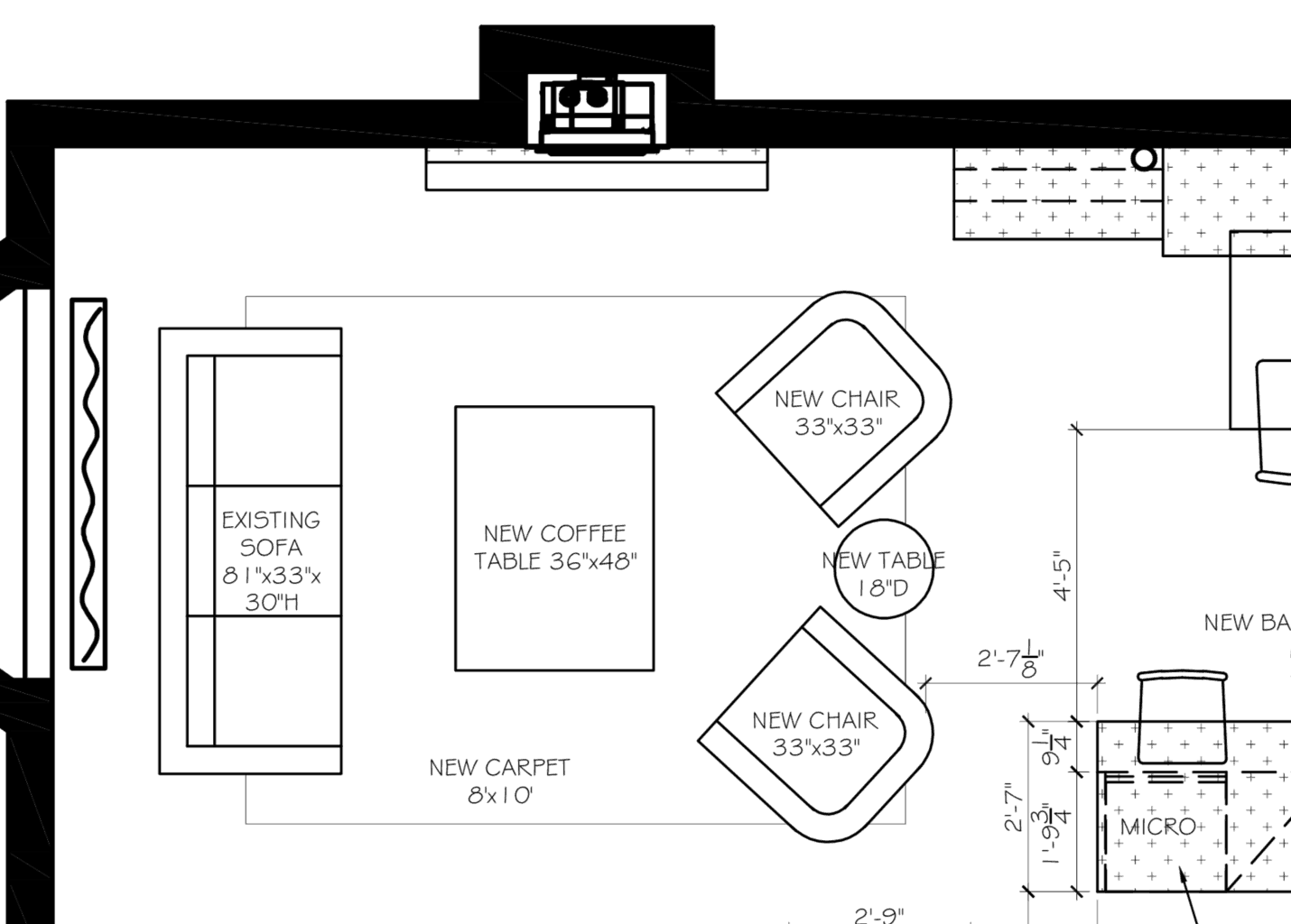 A room layout features a sofa, two chairs, a coffee table, small table, and carpet. Measurements and furniture placement details are included.