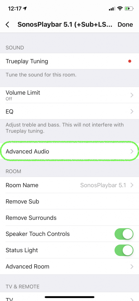 A smartphone screen displays audio settings for SonosPlaybar 5.1, including Trueplay Tuning, Volume Limit, EQ, and other adjustable sound features.