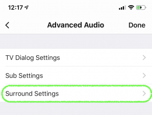 A smartphone screen displays the "Advanced Audio" settings menu, showing options for "TV Dialog Settings," "Sub Settings," and "Surround Settings" with a green highlight.