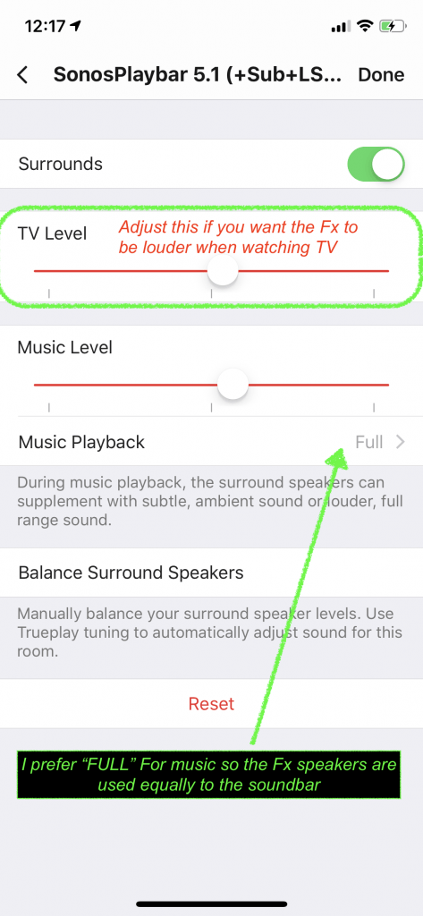 Screenshot of the Sonos app showing sound settings for TV and music levels, with user annotations for optimal surround sound balance.