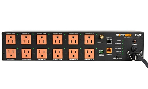 A WattBox power strip with 12 orange outlets, network connectivity, and power management features. Labeled controls for electronics management are visible on the front panel.