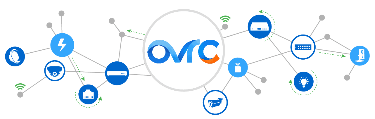 Network diagram with interconnected icons: electric bolt, camera, computer, light bulb, server, cloud, OVRC logo in center, on black background.