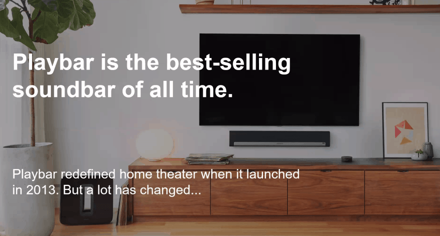 A modern living room setup featuring a TV, soundbar, minimalist decor, a potted plant, and text promoting the best-selling Playbar soundbar.