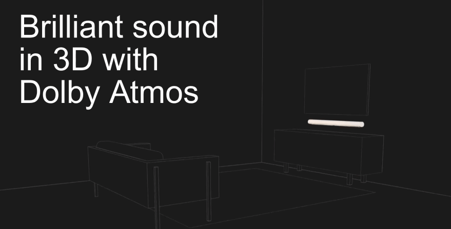 A minimalist room sketch with a sofa and TV. Text promotes "Brilliant sound in 3D with Dolby Atmos" in the design.