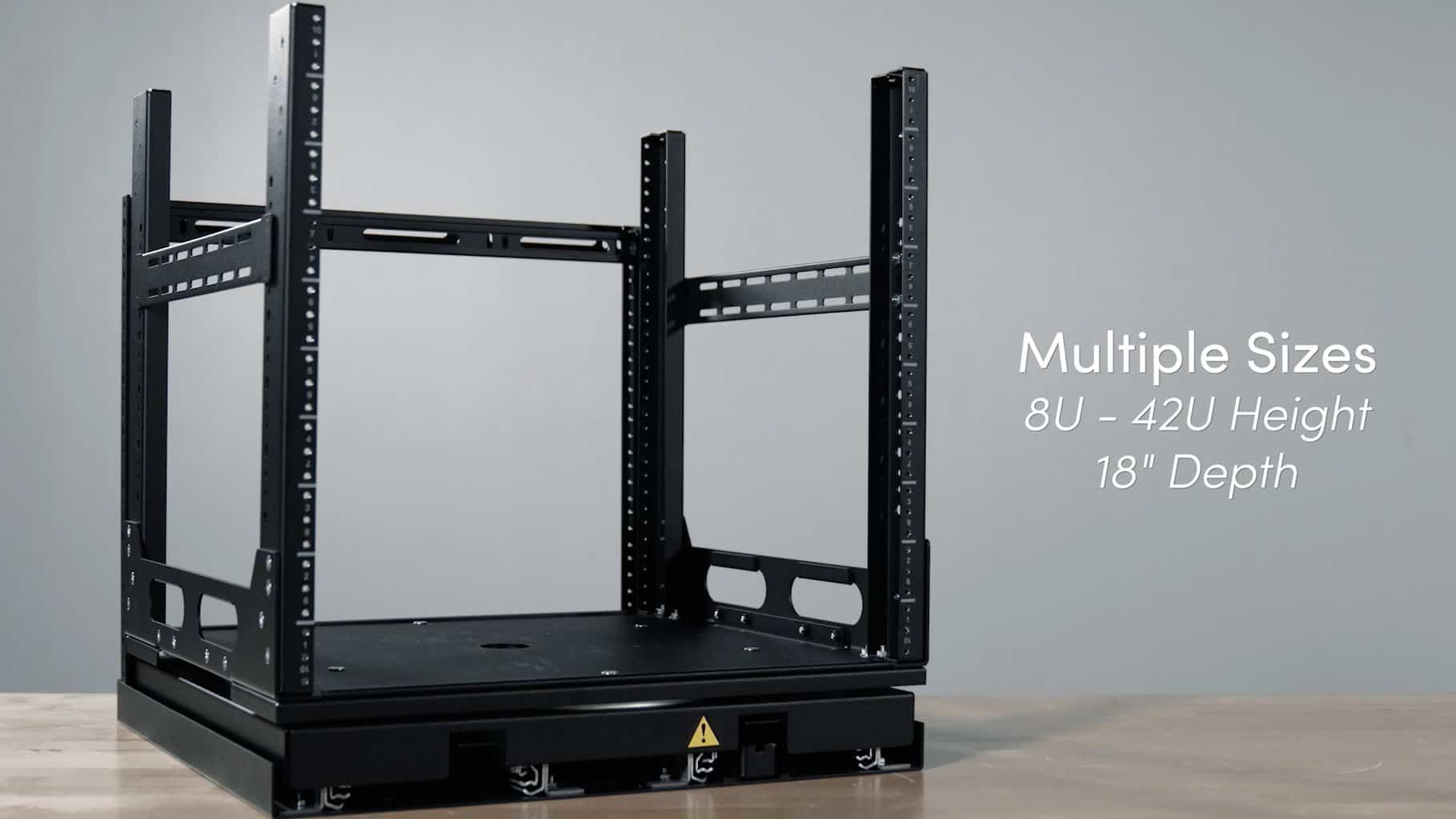 The image shows a black adjustable server rack, highlighting its customizable sizes (8U-42U height, 18" depth) on a wooden surface with a gray background.