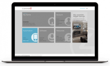 A laptop screen displays a Control4 interface with sections for home, account, automation, software, and resources. An advertisement highlights upgrades and savings.