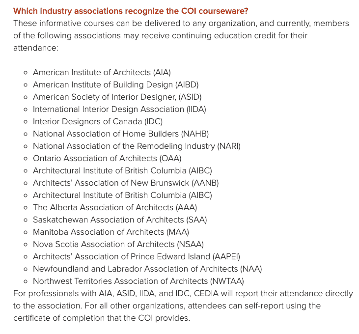 List of industry associations recognizing COI courses, including AIA, AIBD, ASID, and others. Attendance may provide continuing education credit.