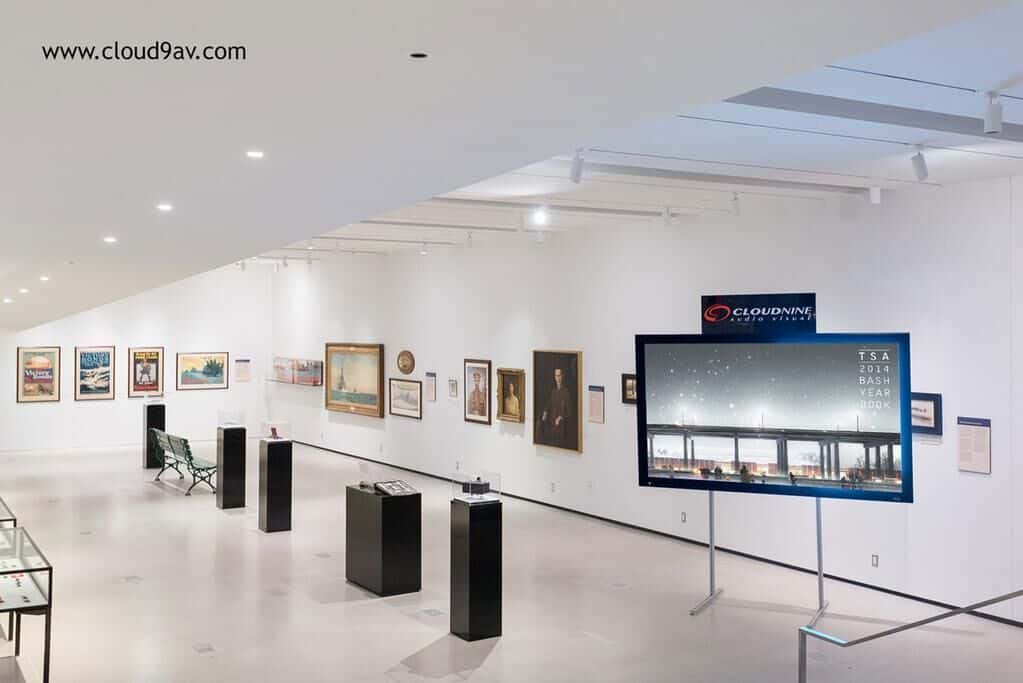 A modern art gallery with paintings, photographs, and informational displays. Minimalist design, white walls, and ample lighting create an elegant exhibition environment.