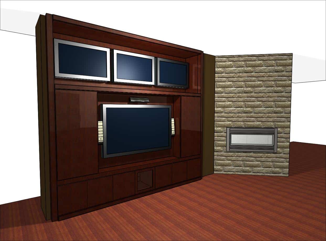 Modern entertainment center with multiple screens and a wood finish. Adjacent stone wall features a rectangular built-in fireplace. Wood flooring adds warmth.