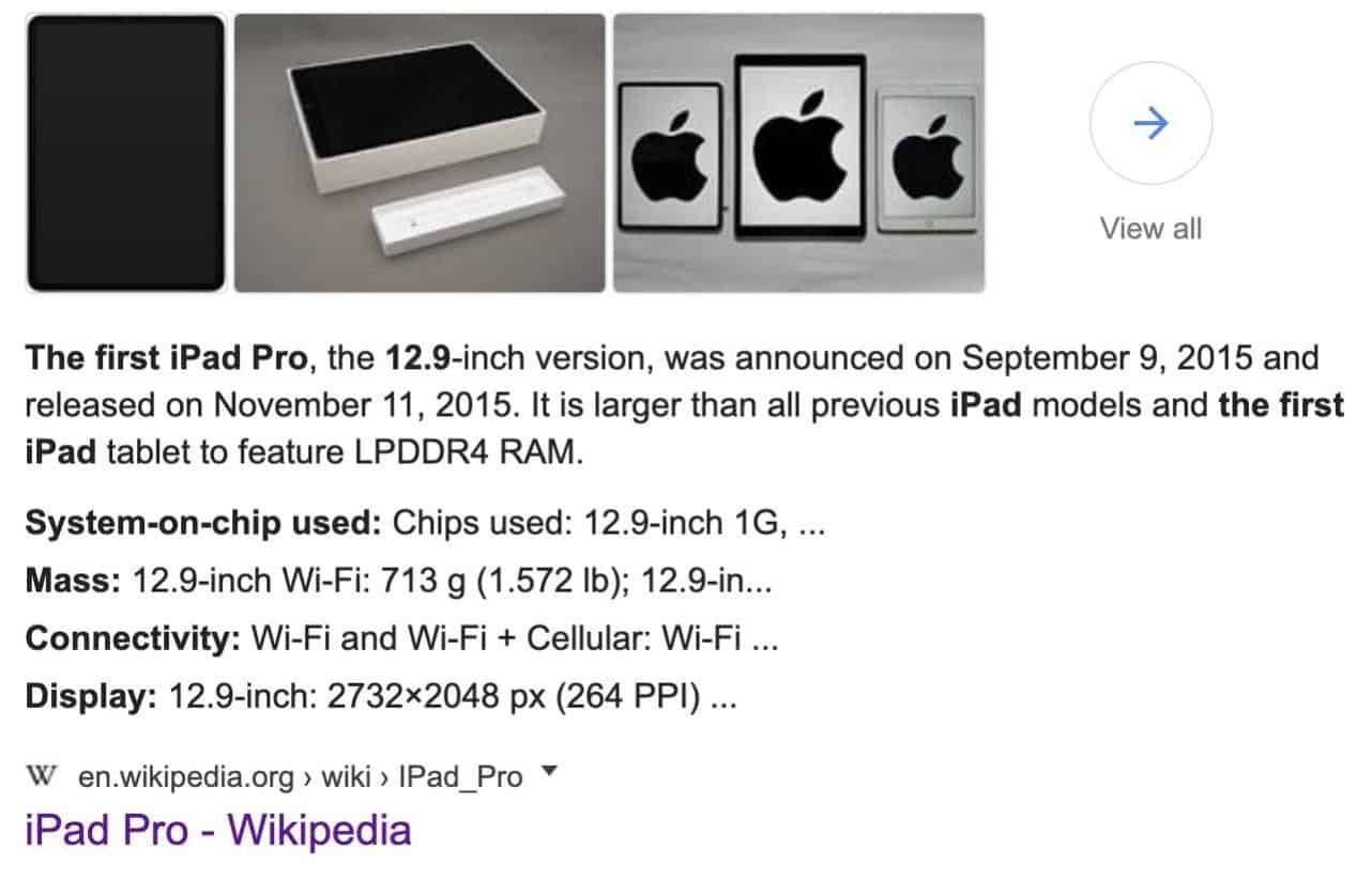 Screenshot showing information about the first 12.9-inch iPad Pro, featuring its release date and specifications from a Wikipedia page.