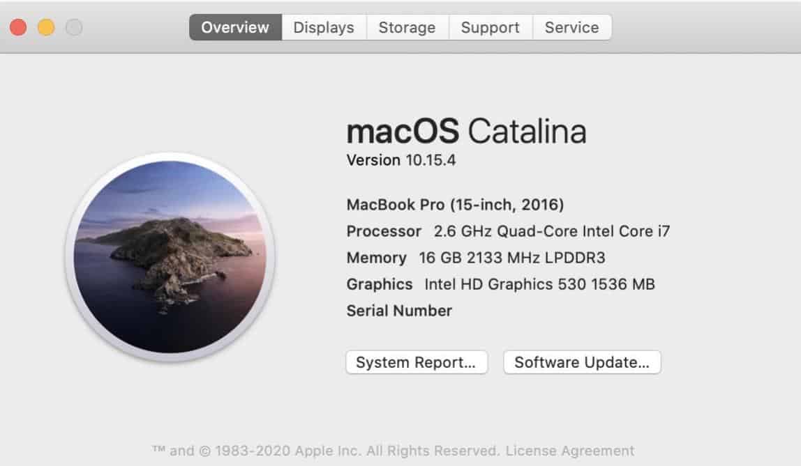 Screenshot of a MacBook Pro's "About This Mac" window displaying macOS Catalina version 10.15.4, with system and hardware specifications detailed.