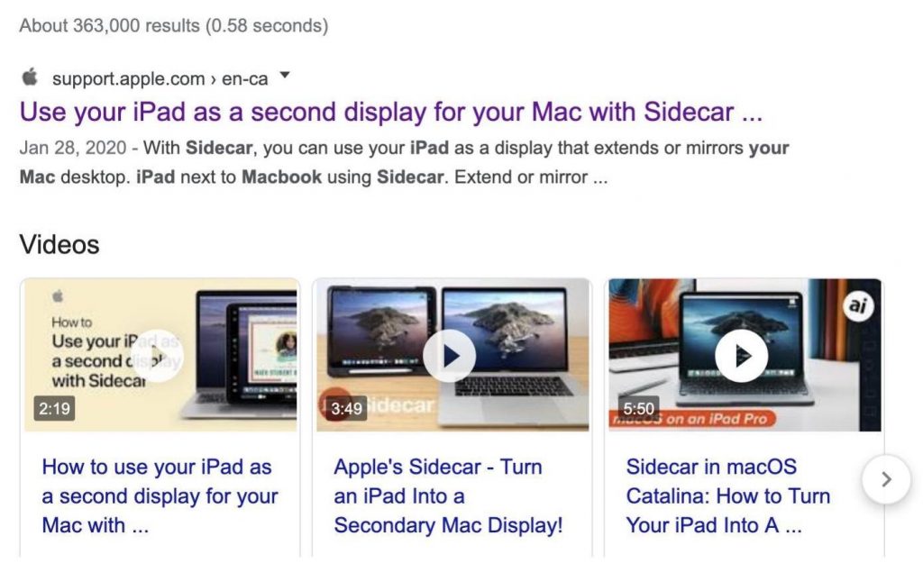 Screenshot of Google search displaying Apple support results for using iPad as a second display. Includes three instructional video thumbnails on Sidecar feature.