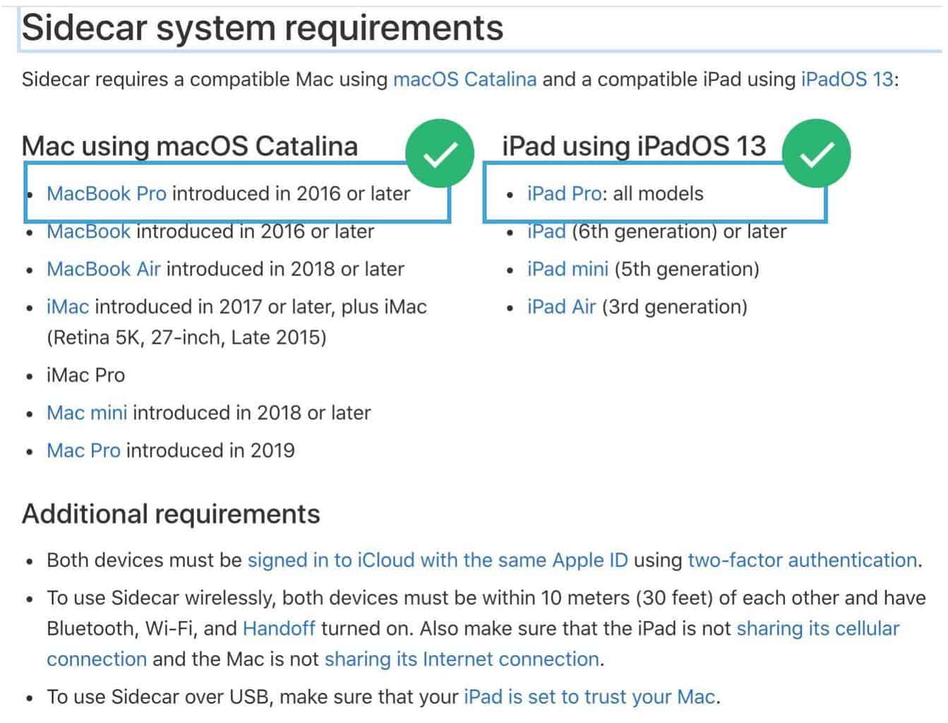 Chart listing requirements for using Sidecar with Mac (2016+) and iPad (iPadOS 13+), including additional connectivity and security details.