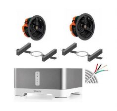 Audio equipment set with two in-ceiling speakers, a Sonos amplifier, mounting brackets, and connecting wires, designed for home or commercial use.