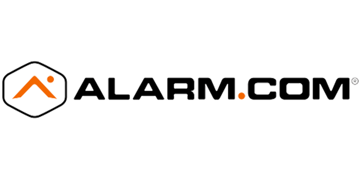 Logo of Alarm.com featuring black text and an orange design element on a black background.