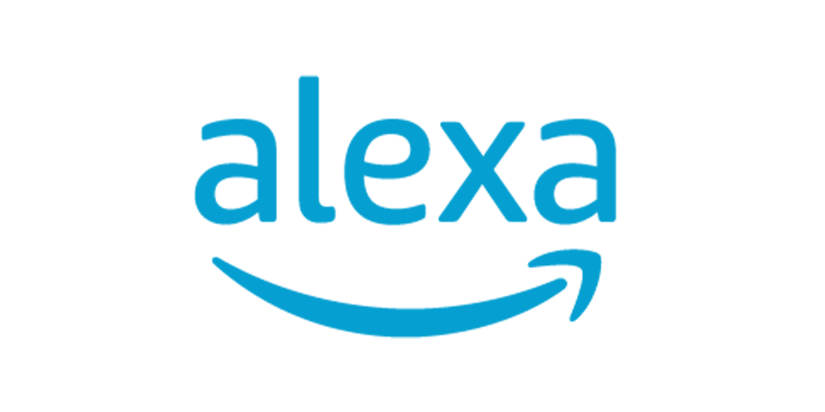 The image shows a black background with the word "alexa" in blue lowercase letters and a curved arrow underneath.