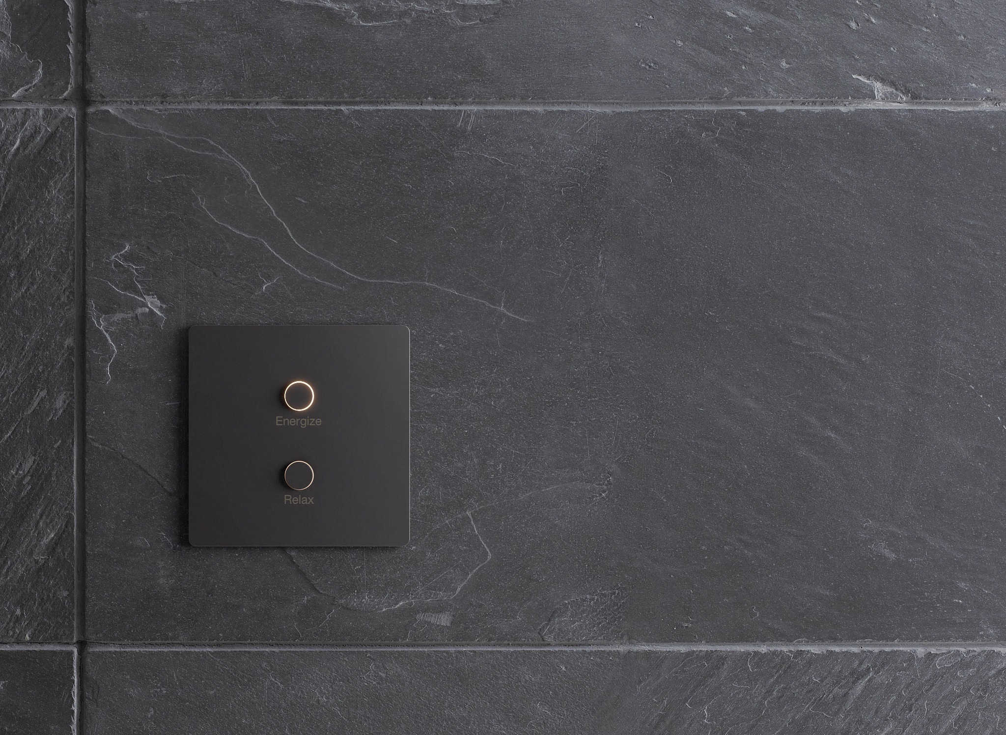 A sleek, modern black panel with two circular buttons labeled "Energize" and "Relax" on a dark textured slate wall background.