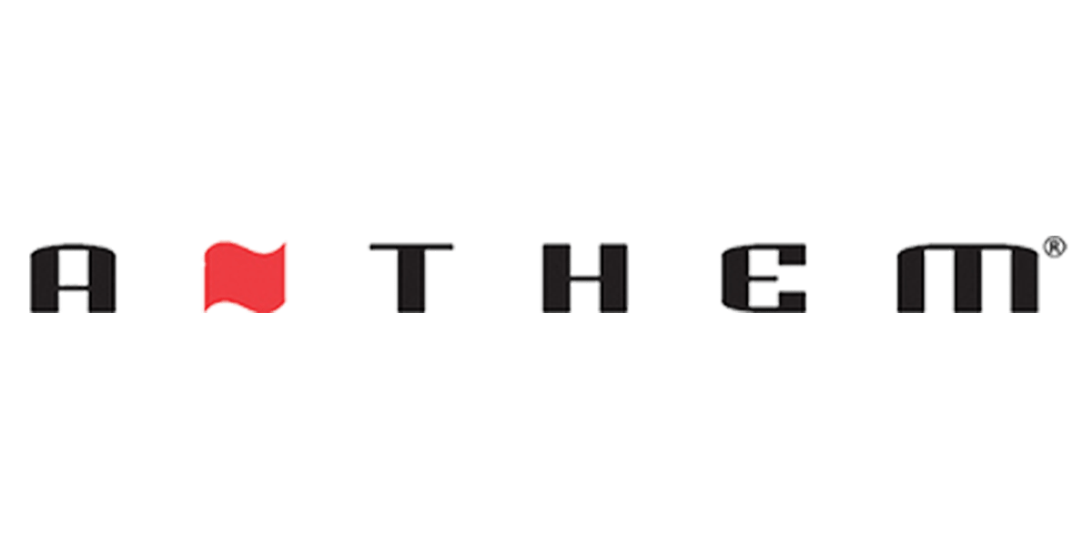 Black background with stylized text reading "ANTHEM." Letter "A" is replaced by a red flag icon. Minimalist design.