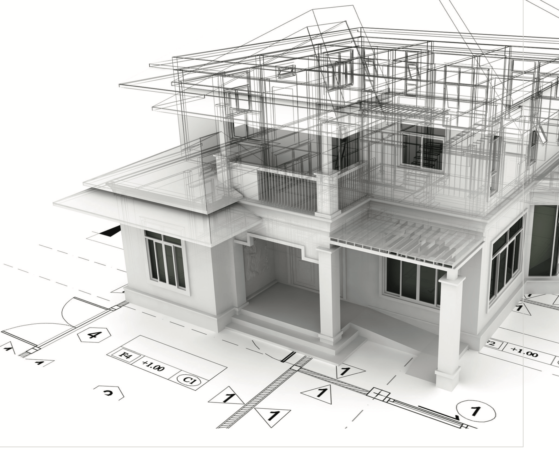 Architectural design of a modern house, featuring detailed floor plans and structural blueprints, showcasing a blend of digital and pencil renderings.