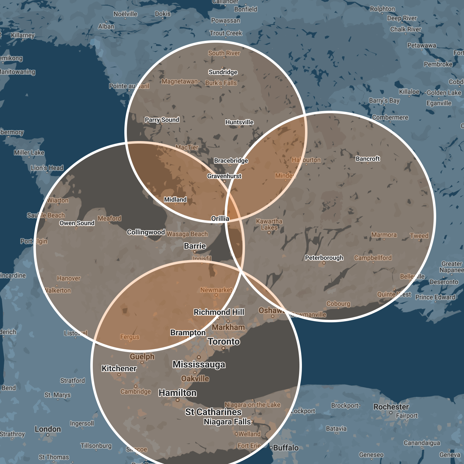 Map of Southern Ontario features cities like Toronto, Hamilton, Barrie, and Niagara Falls, highlighting overlapping areas connected by circles.