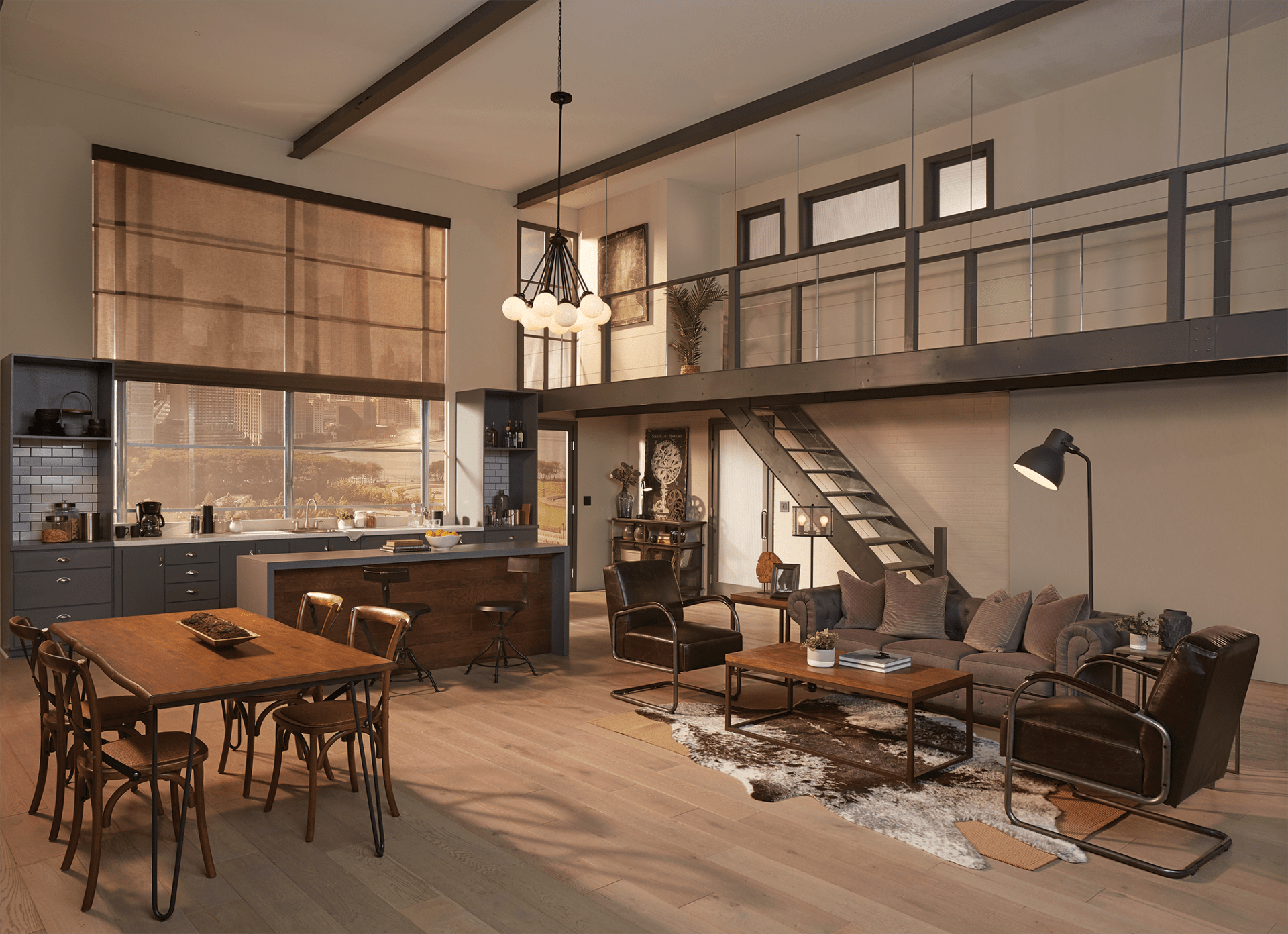 Spacious loft with a modern-industrial design, featuring a kitchen, dining area, and cozy living room. Mezzanine level accessed by a sleek staircase.