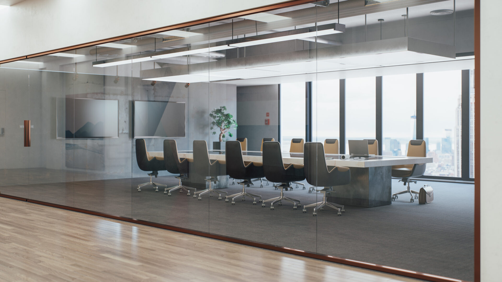 A modern, empty conference room with a long table, office chairs, and a cityscape view through large glass windows.