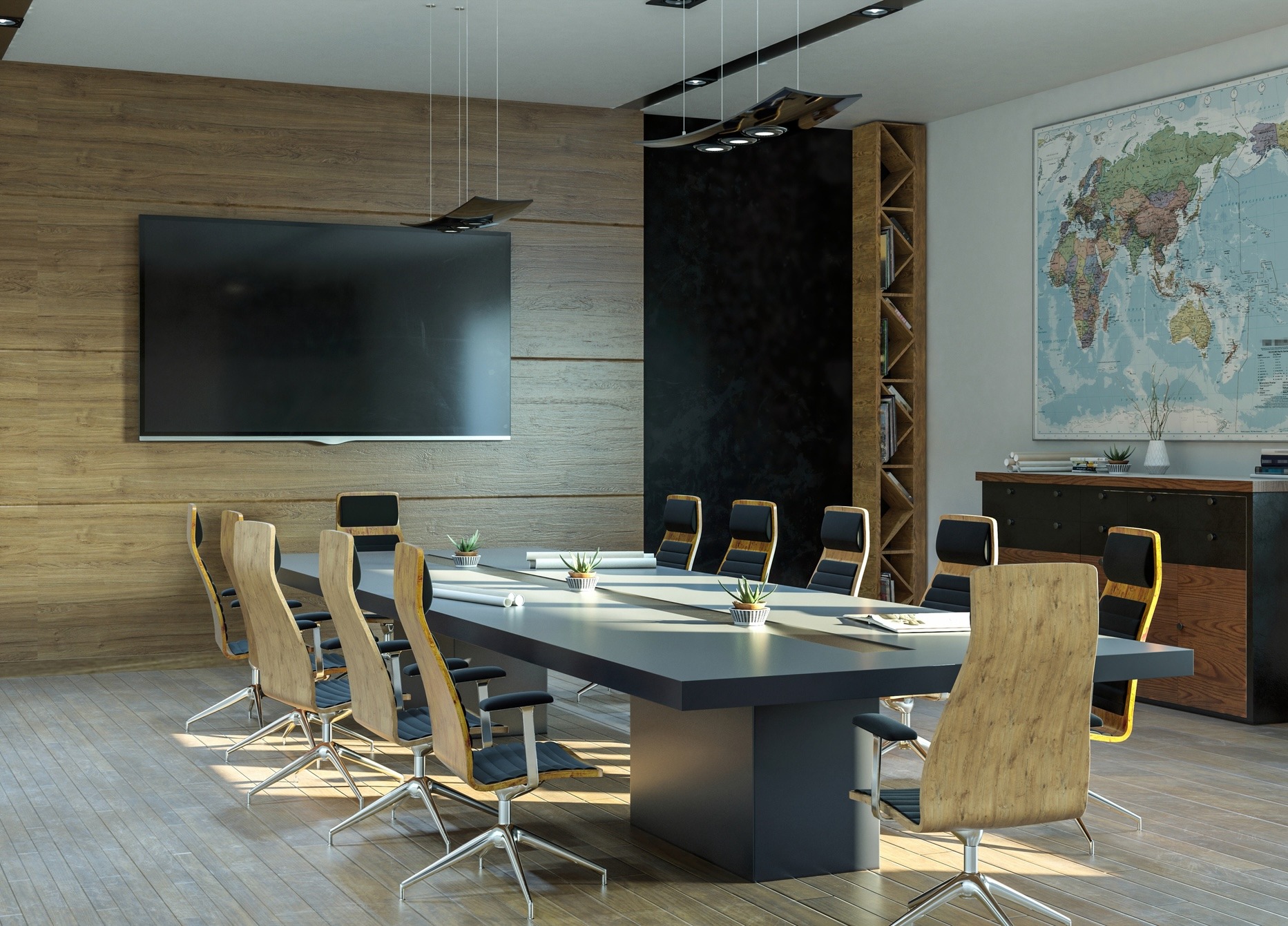 Modern conference room with large table, ergonomic chairs, wall-mounted screen, world map, and wooden accents. Bright, spacious design with natural light.