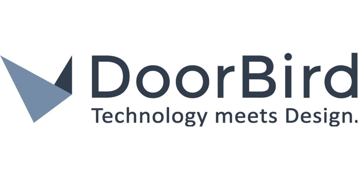 Logo of DoorBird featuring a minimalist bird design and slogan "Technology meets Design." The background is black with gray text and icon.