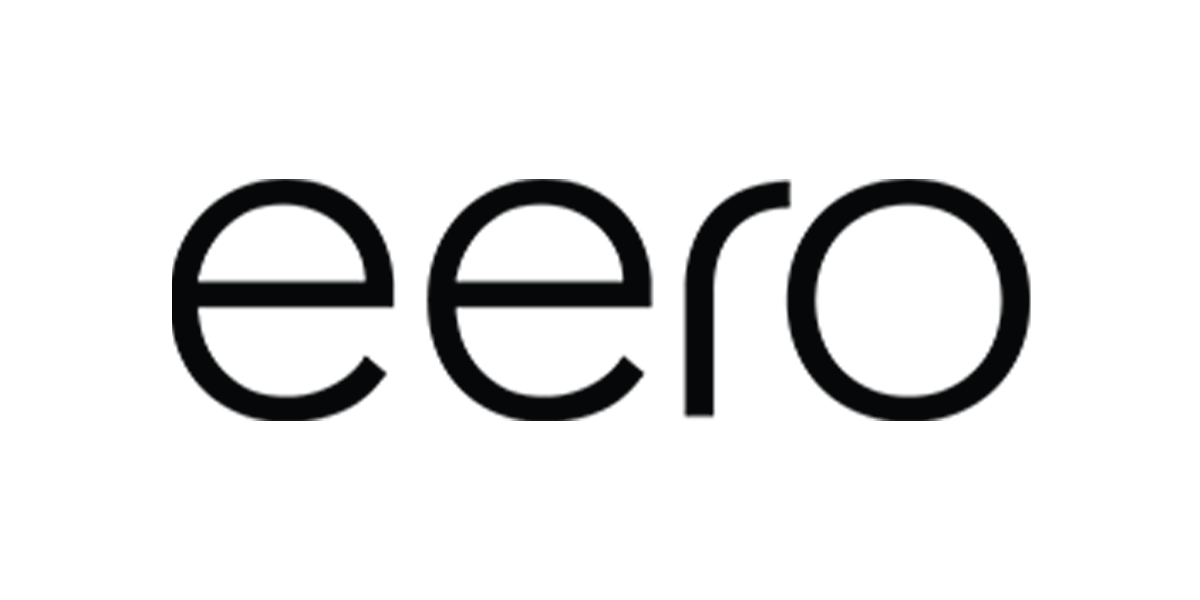 Black background with the word "eero" in lowercase, bold font. No people, landmarks, or buildings present. Minimalistic and tech-oriented design.