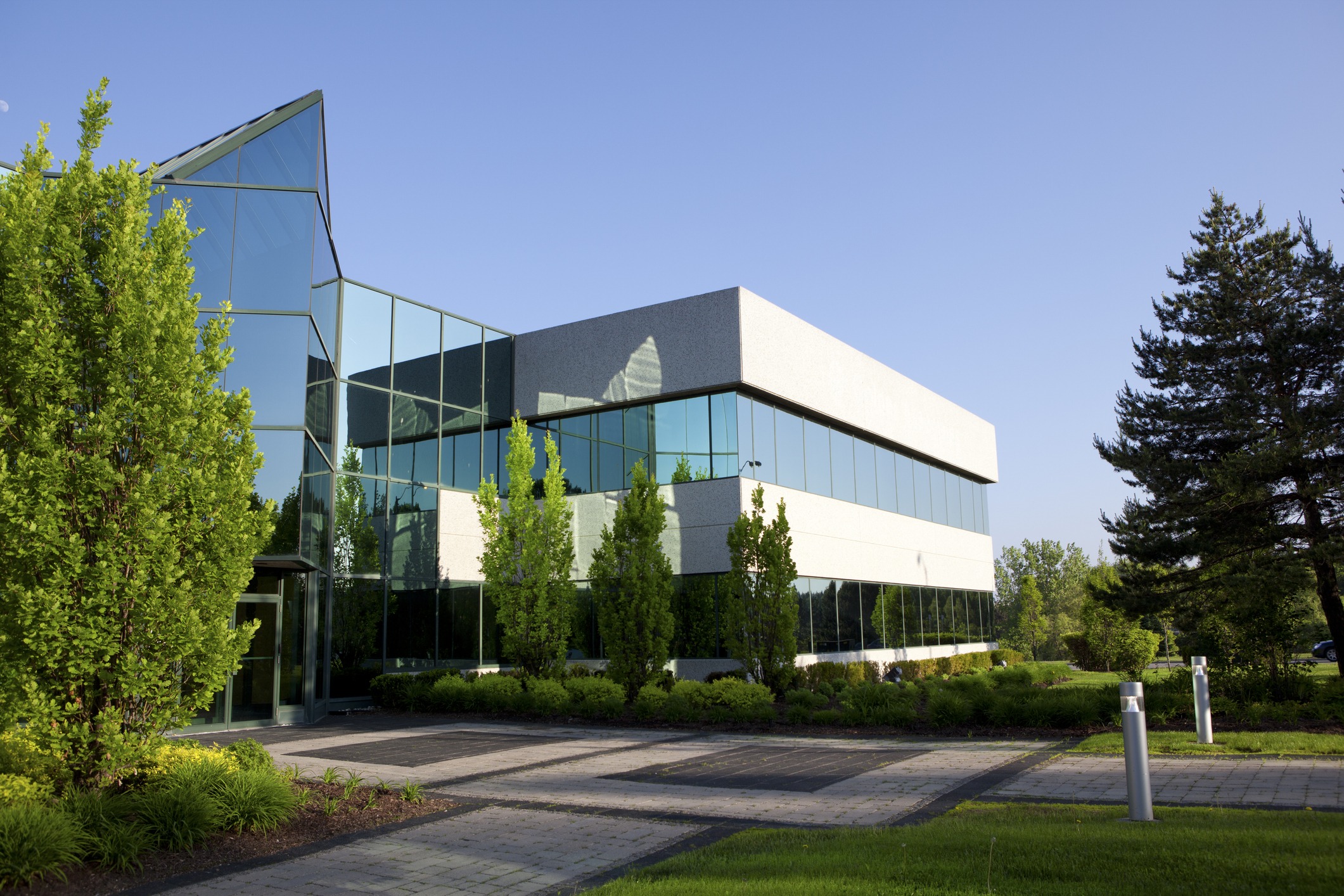 Modern glass building surrounded by trees and a paved walkway under a clear blue sky. The setting is tranquil, with lush greenery.