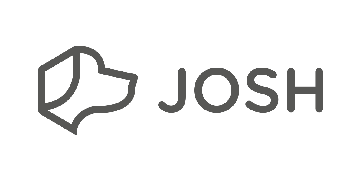 A minimalist black logo with a stylized dog's head and the word "JOSH" in sleek, modern lettering beside it.