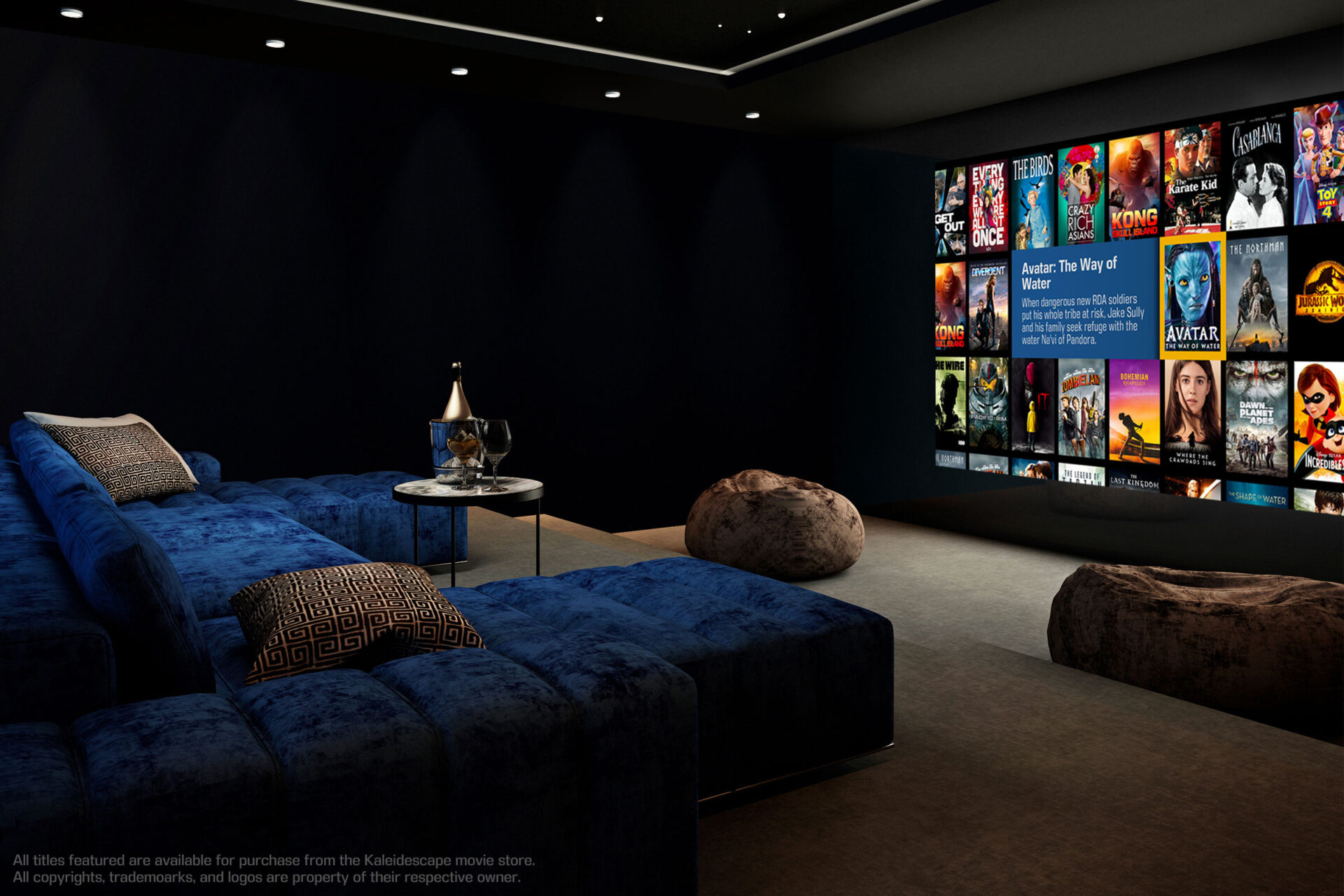 Luxurious home theater with plush seating, soft lighting, and a large screen displaying various movie covers. Relaxing ambiance with a modern design.