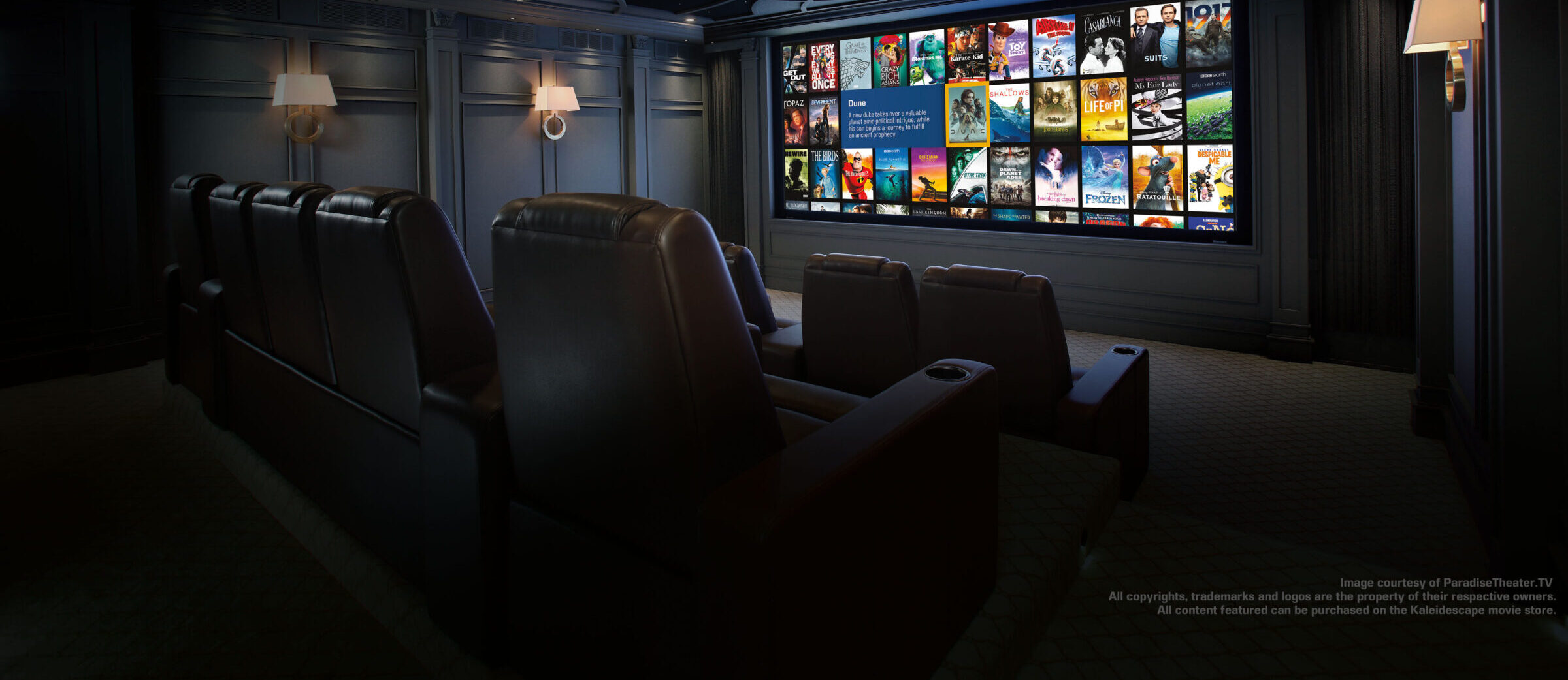 A luxurious home theater with plush seating faces a large screen displaying various movie posters; ambient lighting adds to the cozy atmosphere.