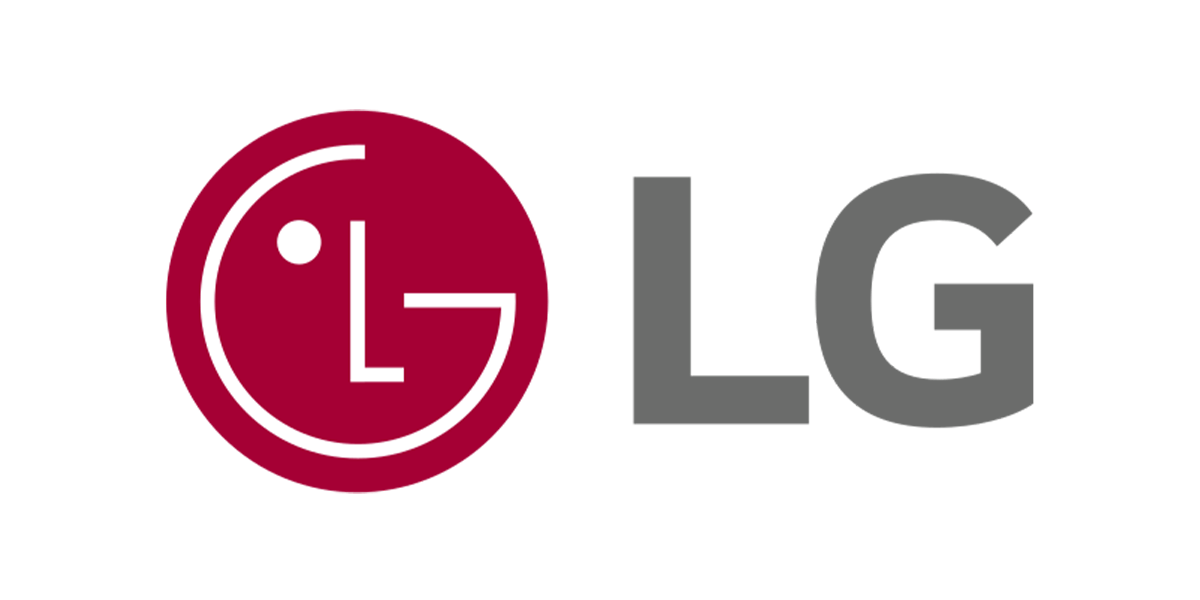 Logo of LG Electronics featuring a stylized face within a red circle beside the letters "LG" on a black background.