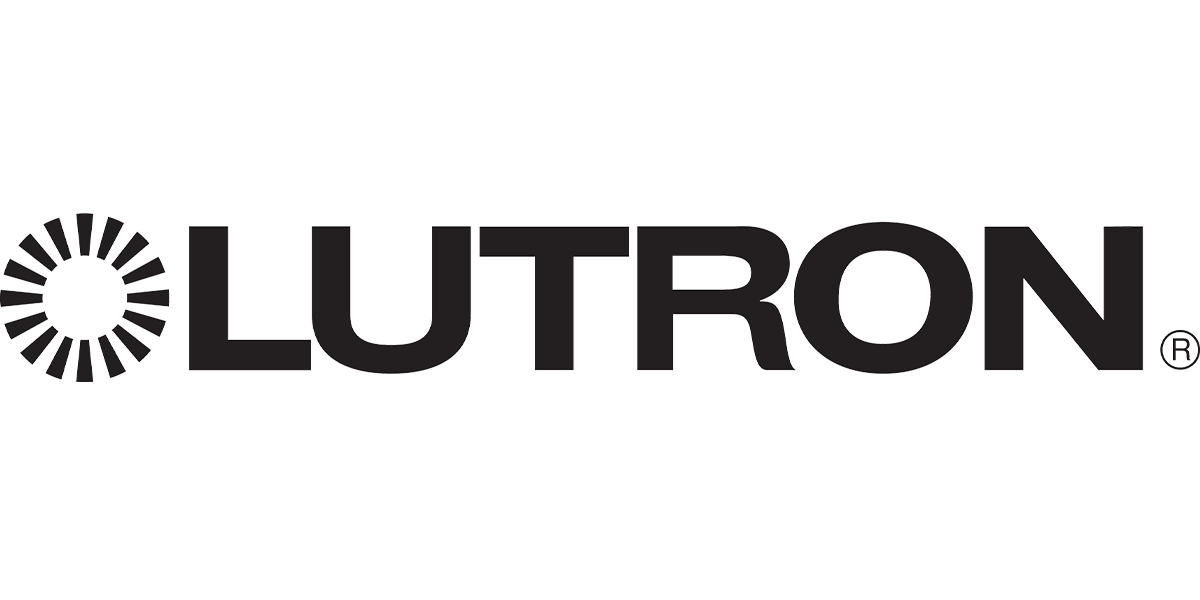 The image displays the Lutron logo on a black background, featuring the brand name with a circular design element on the left.