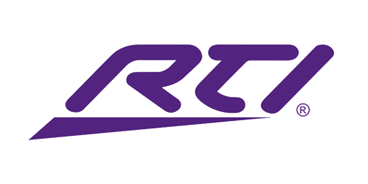 The image displays the RTI logo featuring bold, purple letters on a black background, designed in a futuristic style with angular lines.