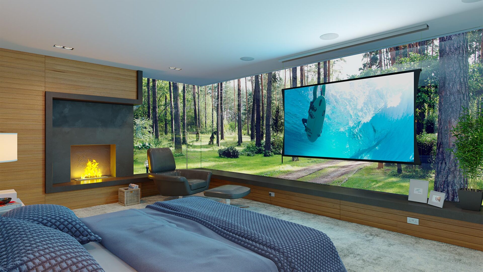 A luxurious bedroom features a large screen with a nature video, modern fireplace, cozy seating, and large windows overlooking a forest view.