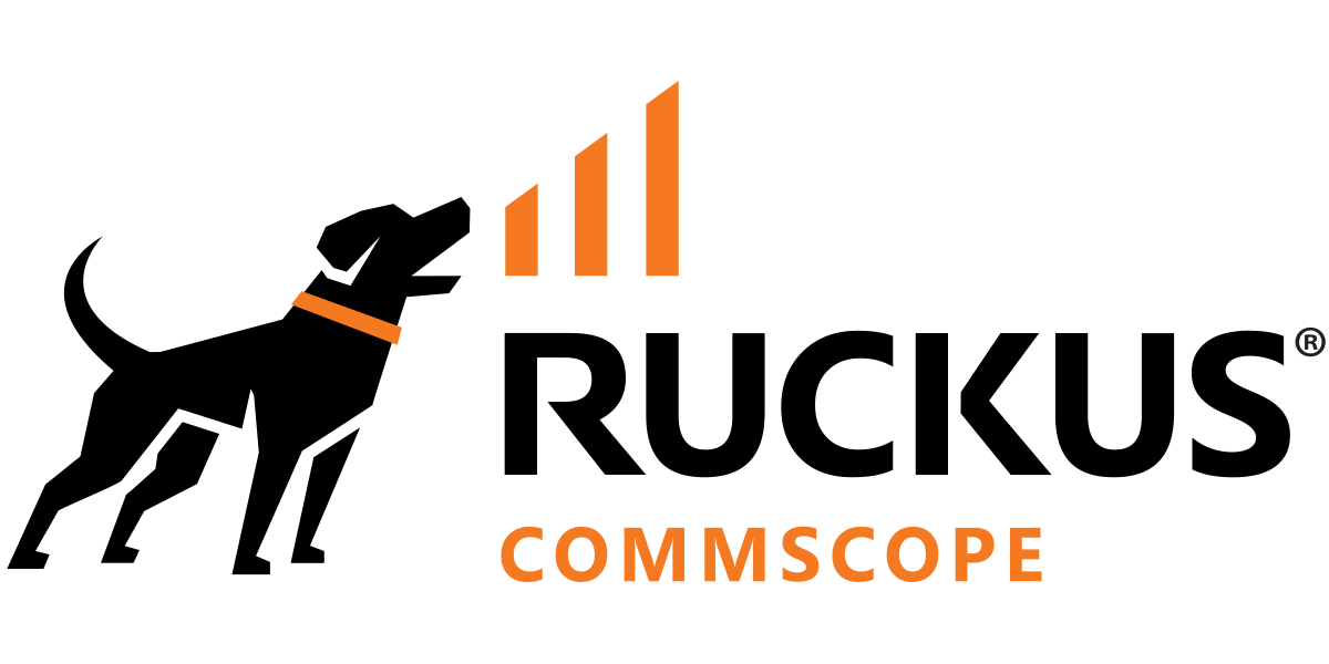 The image displays the CommScope logo with three ascending orange bars above the stylized name, set against a black background.