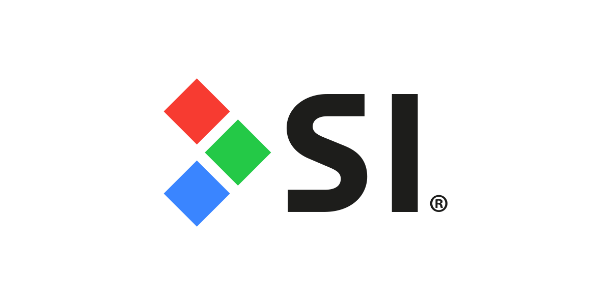 A black background featuring a logo with overlapping red, green, and blue squares forming a diamond shape next to stylized "SI" text.