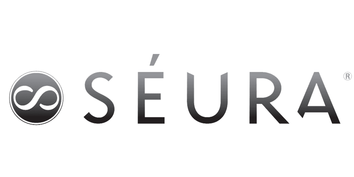 Black background with "SÉURA" written in bold, silver letters. The logo features an infinity symbol to the left of the text.