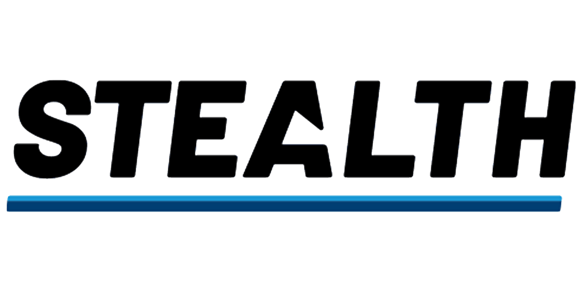 Text reads "STEALTH" with a blue underline on a black background, suggesting a sleek, mysterious theme. Ideal for design or branding purposes.