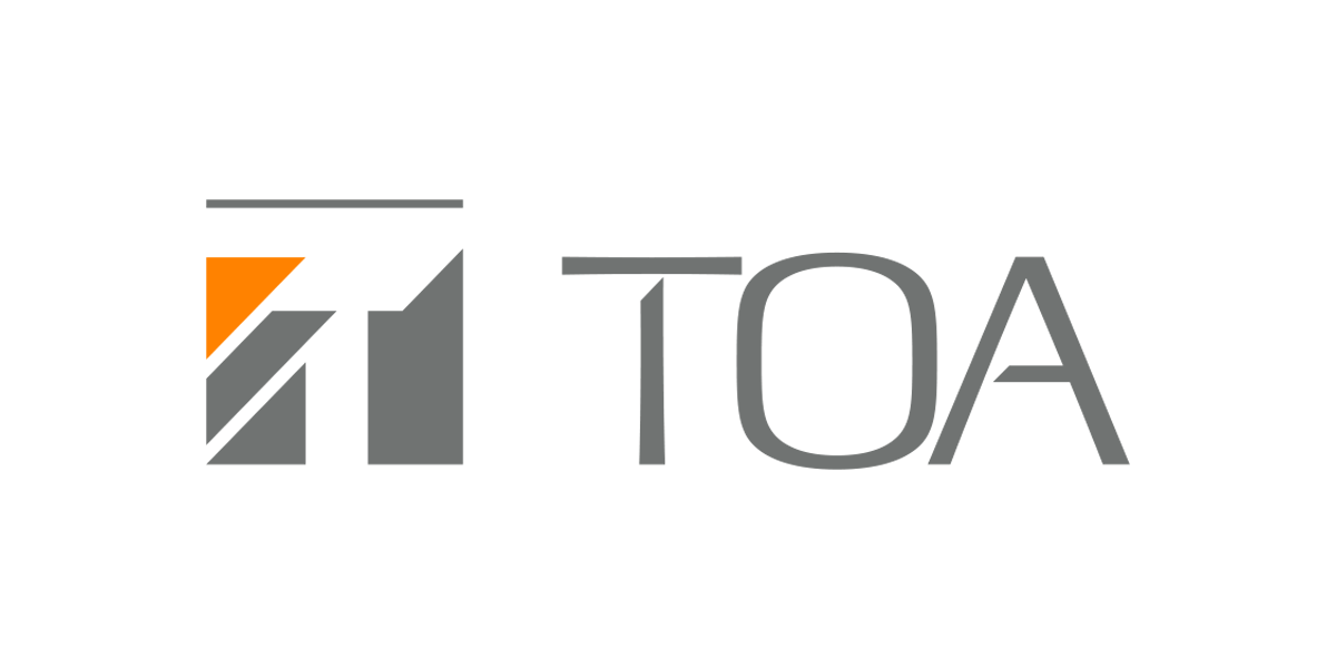 The image features a logo with geometric shapes and letters "TOA," including a small orange triangle on a black background.