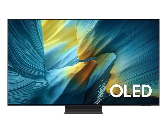 A modern OLED television displaying a vibrant abstract image with swirling blue and yellow patterns, set against a white background. Samsung 2025 TV for your home