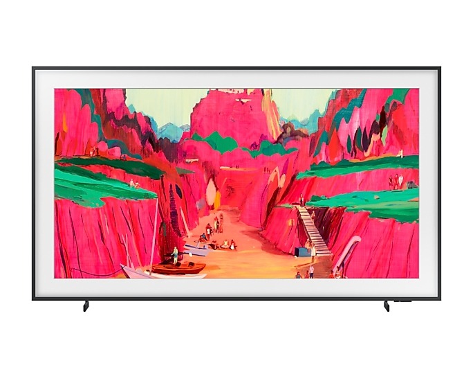 Colorful, abstract landscape painting with vibrant pink cliffs and green highlights. Small boats and people are visible in a canyon-like setting. 